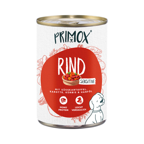 Primox Hunde Nassfutter Rind mit Süßkartoffel, Karotte & Kürbis