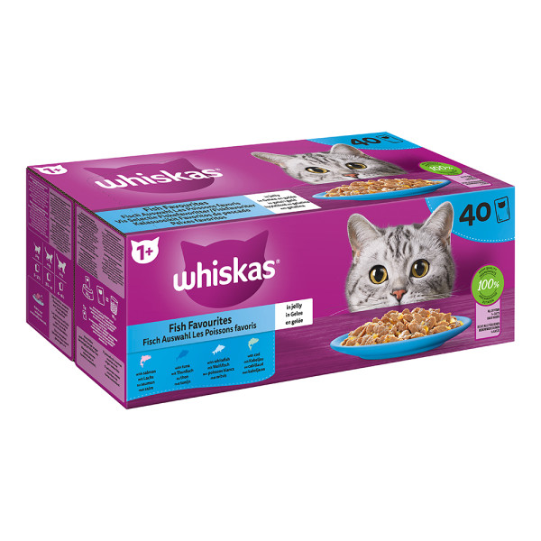 Whiskas Fisch Auswahl 4 Varietäten Lachs, Thunfisch, Kabeljau, Weißfisch in Gelee