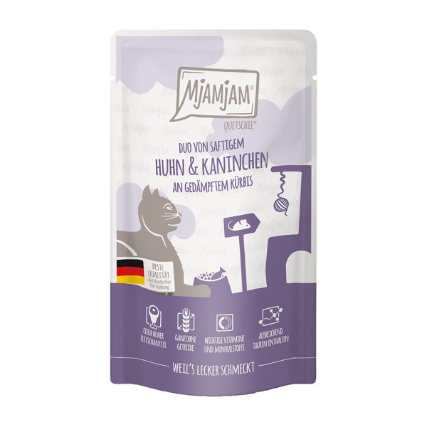 MjAMjAM Quetschie - DUO von saftigem Hühnchen & Kaninchen an gedämpftem Kürbis 125g