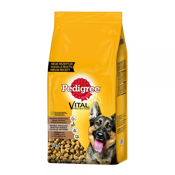 Pedigree Deutscher Schäferhund mit Geflügel und Reis