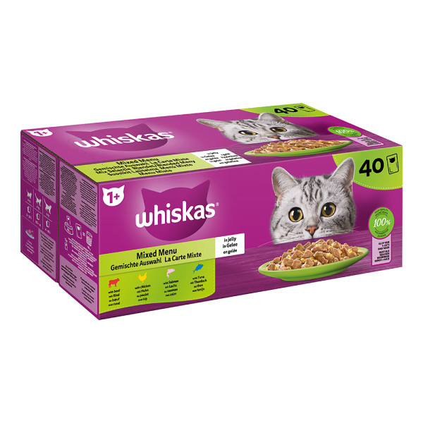 Whiskas Gemischte Auswahl 4 Varietäten Rind, Huhn, Lachs, Thunfisch in Gelee